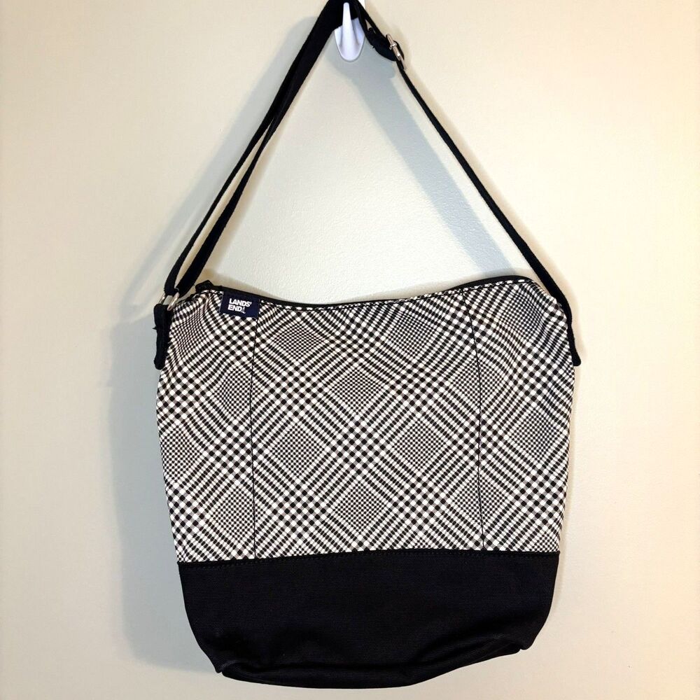Lands' End Canvas Lightweight Med Crossbody Tote Bag Black White Plaid Zip Close